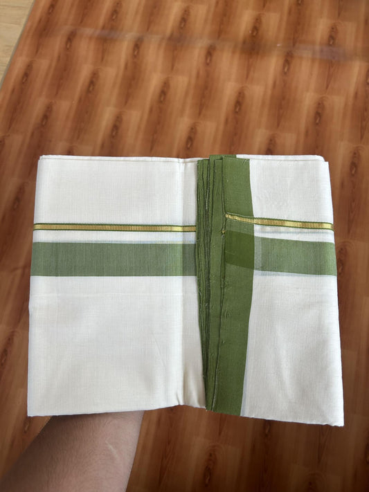 25% Discount ! KaithariKada Handloom Unakkupaav Kerala Handloom - 100% Pure Cotton Off White (Unbleached) Double Mundu/Dhoti - 100x80 - 1.25 inch Gold Kasav & Light Green Shaded Kara 3.80 mtr (8 Muzham) - 67 KK5380 SOM