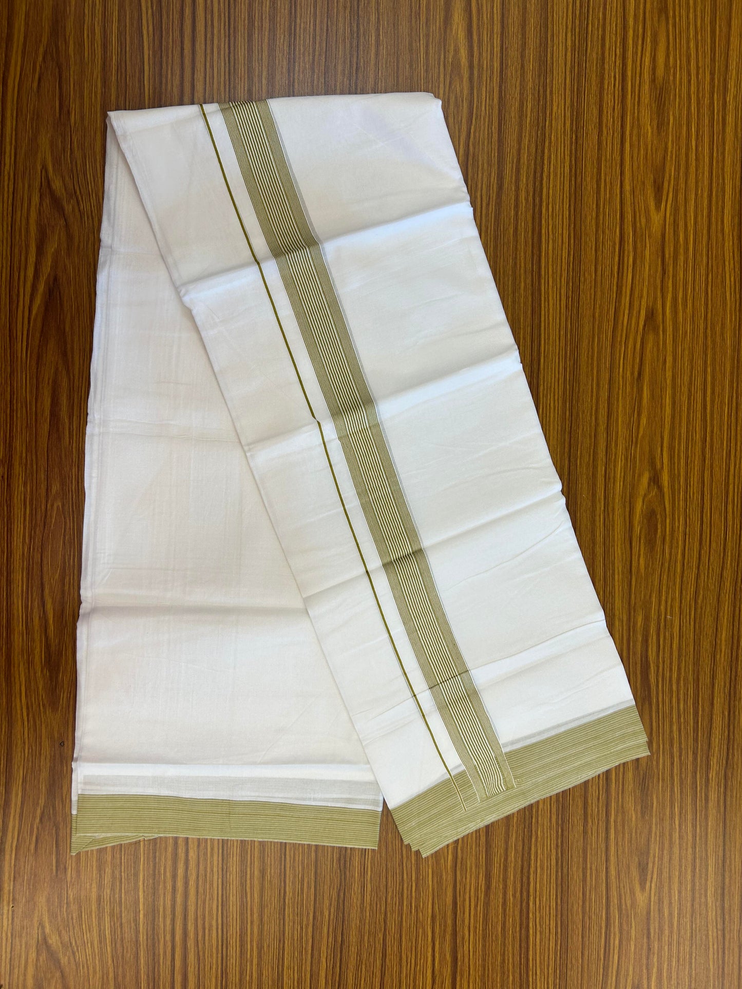 20% Discount ! Kaitharikada Balaramapuram 100% Cotton Pure White Double Mundu/Dothi - 100x100 - 1.5 inch Olive Green Striped Kara - 5 KK5362 GAN