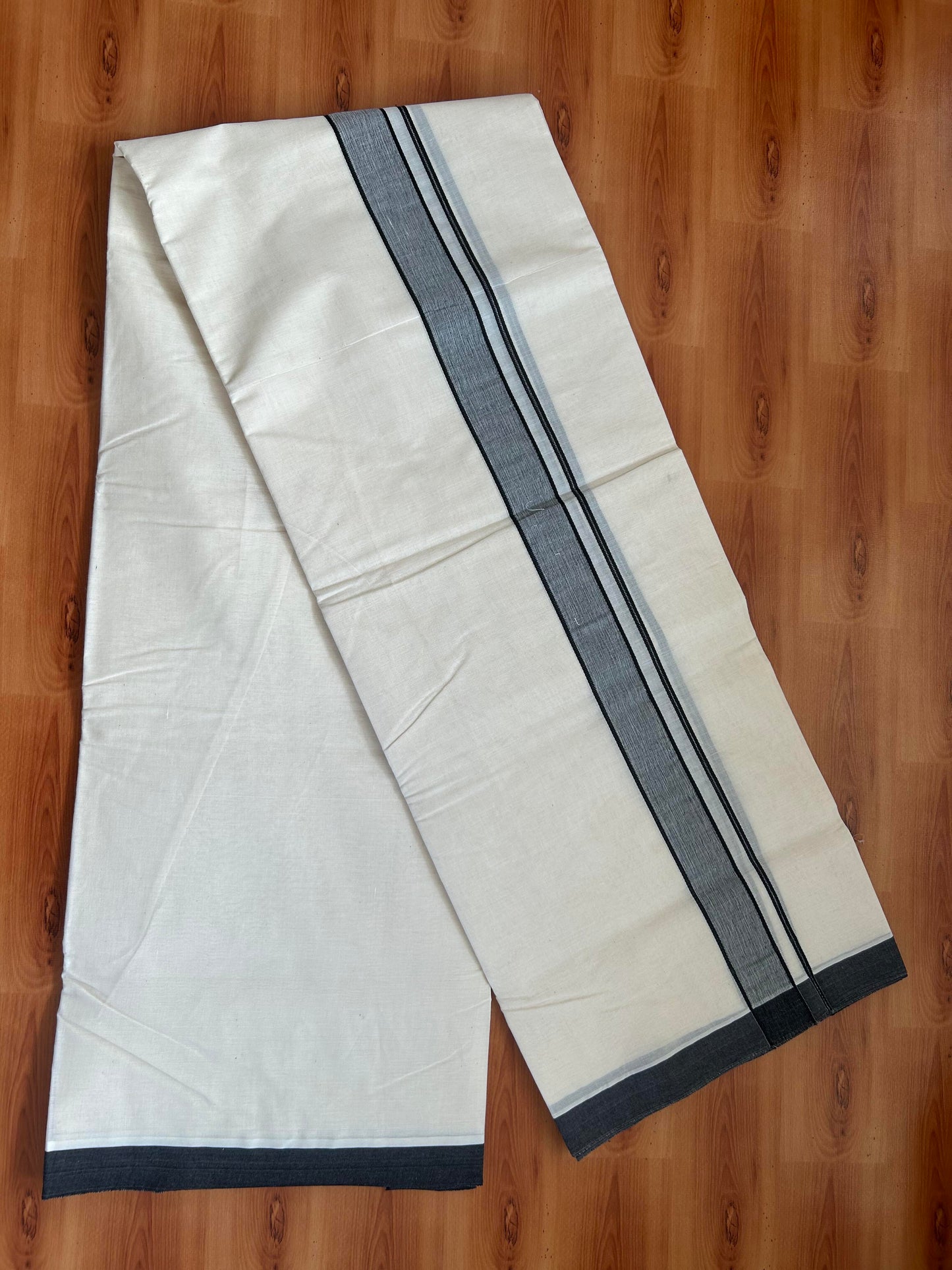 Double Off white (Unbleached) Mundu/Dhoti - 20% Discount KaithariKada Balaramapuram 100% Cotton - 100x100 - 1.25 inch Black Shaded Kara - 42 KK5392 ASH