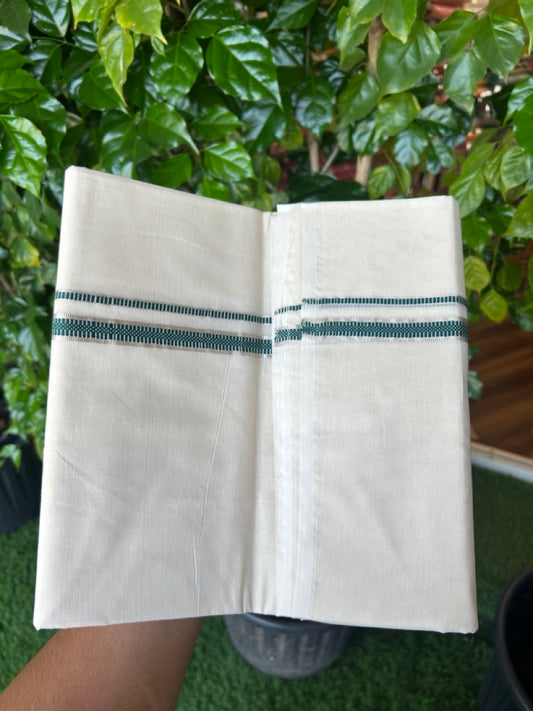 20% Discount KaithariKada Balaramapuram 100% Cotton Double Off white - (Unbleached) - Mundu/Dhoti - 100x100 - 1.5 cm Silver Kasav & Green Design Kara - 13KK5226 ASH