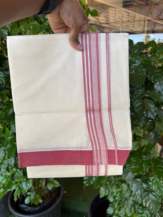 20% Discount ! KaithariKada Balaramapuram 100% Cotton Double OFF WHITE (unbleached) Mundu/Dhoti- 100x80- 1.25 inch Silver Kasavu & Maroon Striped Kara 4 mtr (8.5 muzham) - 41 KK5251 PMC