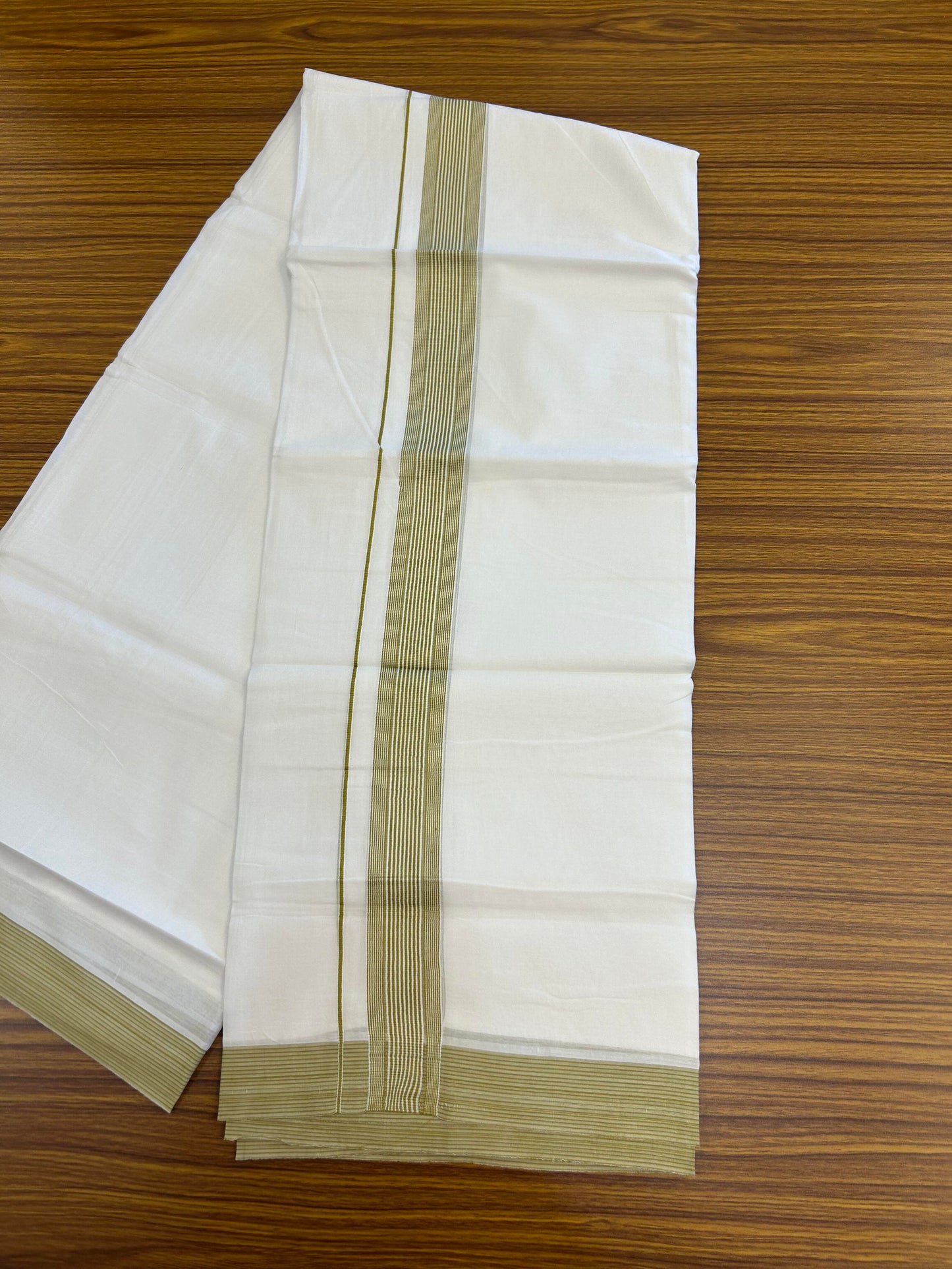 20% Discount ! Kaitharikada Balaramapuram 100% Cotton Pure White Double Mundu/Dothi - 100x100 - 1.5 inch Olive Green Striped Kara - 5 KK5362 GAN