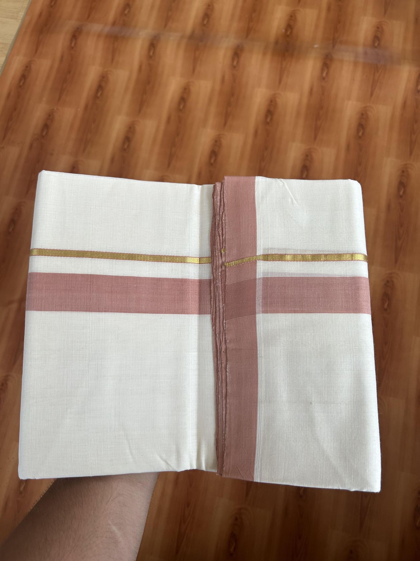 25% Discount ! KaithariKada Handloom Unakkupaav Kerala Handloom - 100% Pure Cotton Off White (Unbleached) Double Mundu/Dhoti - 100x80 - 1.25 inch Gold Kasav & Peach Brown Shaded Kara 3.80 mtr (8 Muzham) - 68 KK5380 SOM