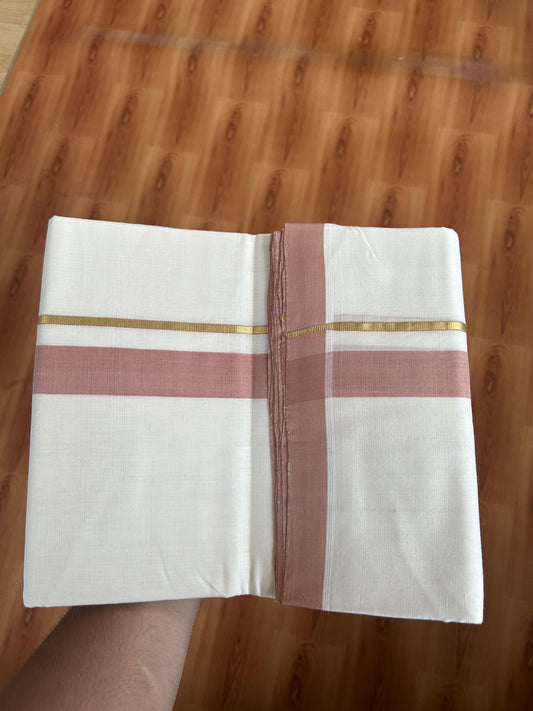 25% Discount ! KaithariKada Handloom Unakkupaav Kerala Handloom - 100% Pure Cotton Off White (Unbleached) Double Mundu/Dhoti - 100x80 - 1.25 inch Gold Kasav & Peach Brown Shaded Kara 3.80 mtr (8 Muzham) - 68 KK5380 SOM