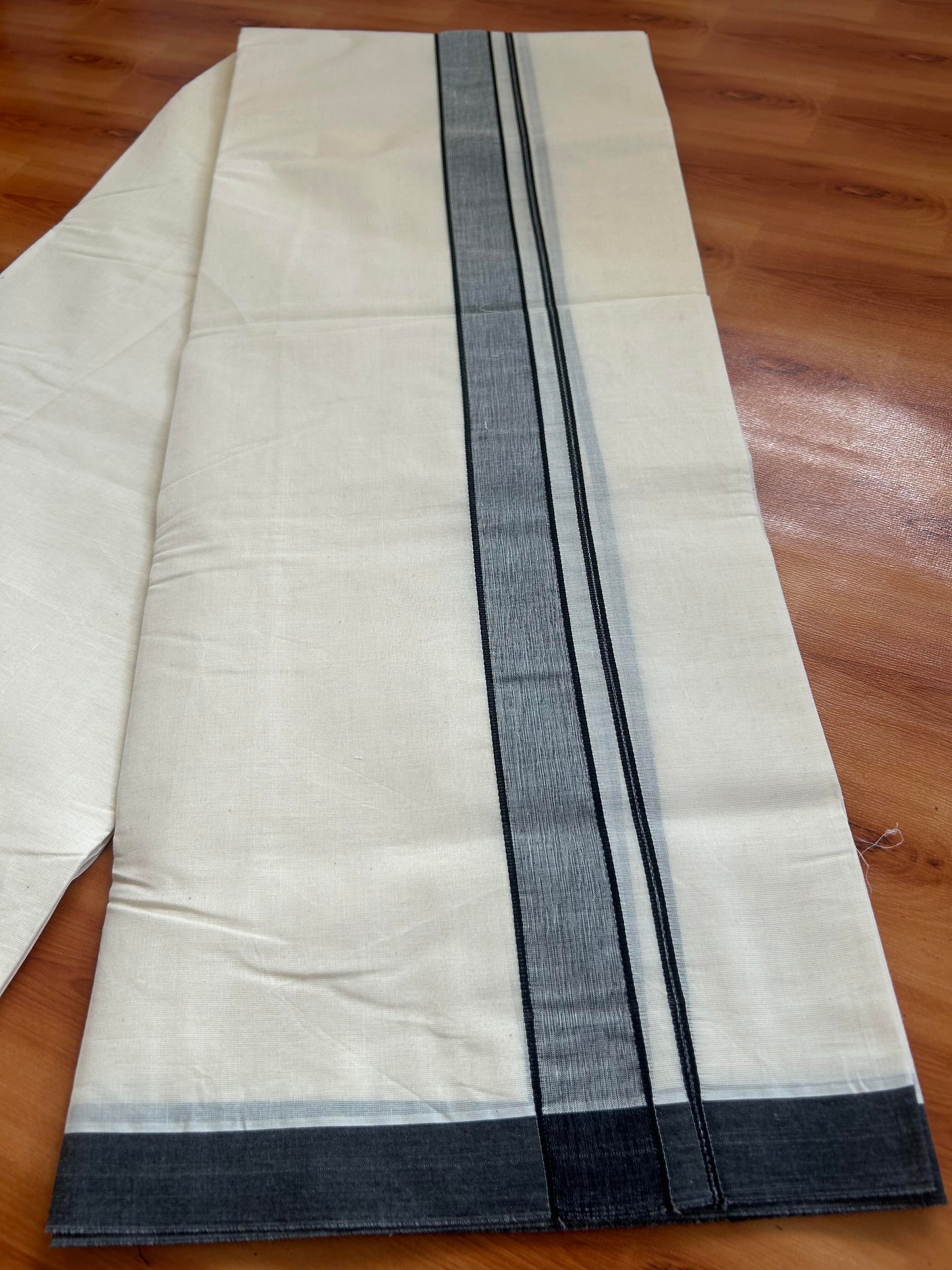 Double Off white (Unbleached) Mundu/Dhoti - 20% Discount KaithariKada Balaramapuram 100% Cotton - 100x100 - 1.25 inch Black Shaded Kara - 42 KK5392 ASH