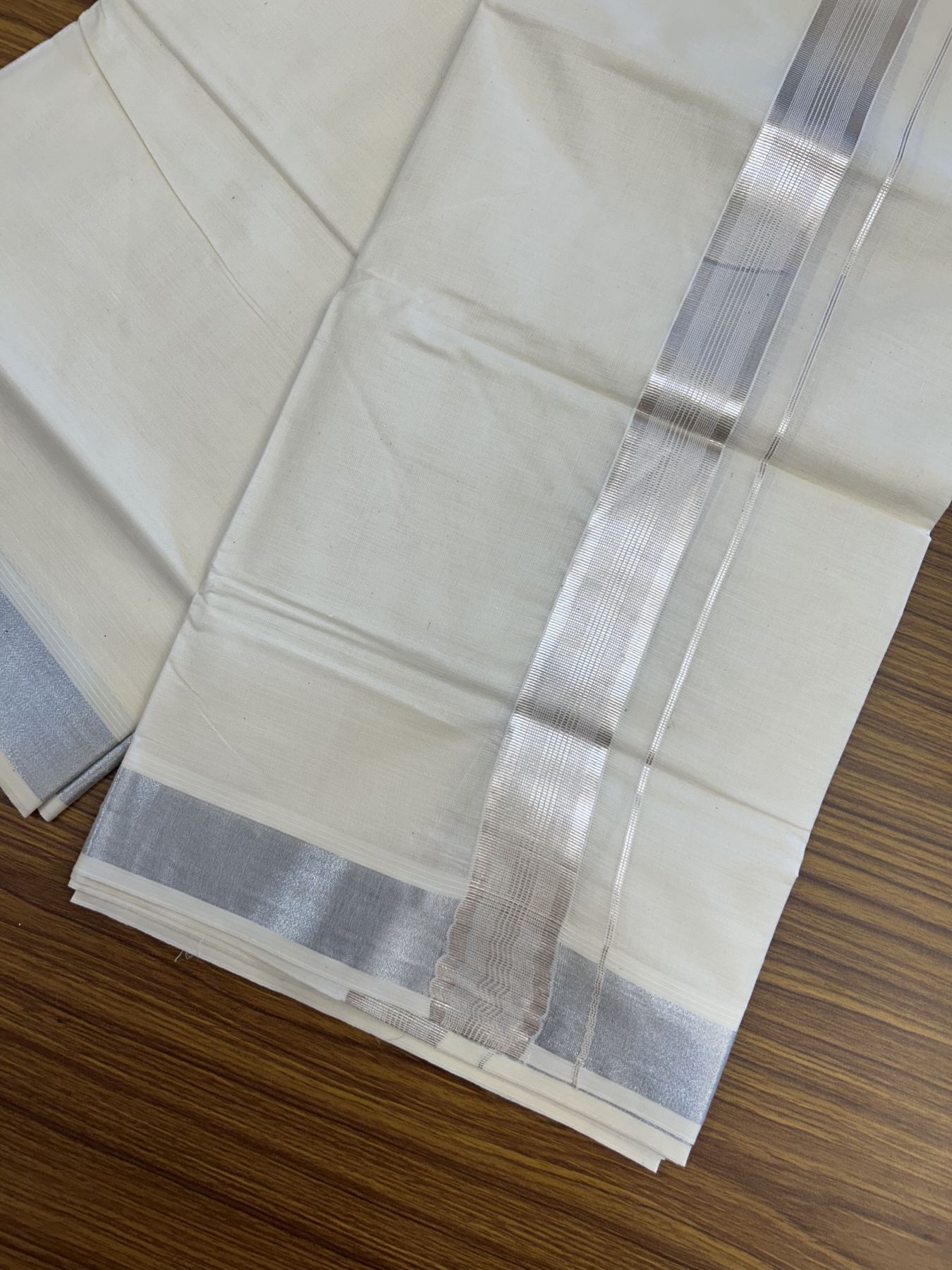 20% Discount ! KaithariKada Balaramapuram 100% Cotton Double Off White - (Unbleached) - Mundu / Dhoti- 100x80 -  1.5 inch Silver Kasav Stripes Kara 4 mtr (8.5 Muzham) - 50 KK5340 VIN