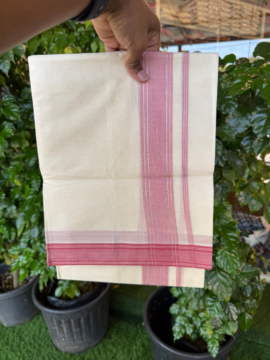 20% Discount ! KaithariKada Balaramapuram 100% Cotton Double OFF WHITE (unbleached) Mundu/Dhoti- 100x80- 1.75 inch Silver Kasavu & Rose Pink Striped Kara 4 mtr (8.5 muzham) - 40 KK5251 PMC