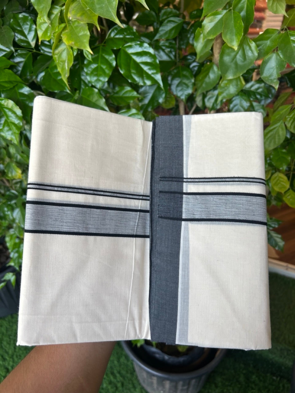 20% Discount KaithariKada Balaramapuram 100% Cotton Double Off white - (Unbleached) - Mundu/Dhoti - 100x100 - 1.25 inch Black Shaded Kara - 16KK5226 ASH
