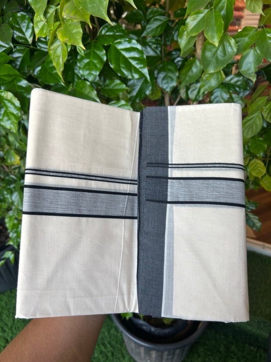 20% Discount KaithariKada Balaramapuram 100% Cotton Double Off white - (Unbleached) - Mundu/Dhoti - 100x100 - 1.25 inch Black Shaded Kara - 16KK5226 ASH