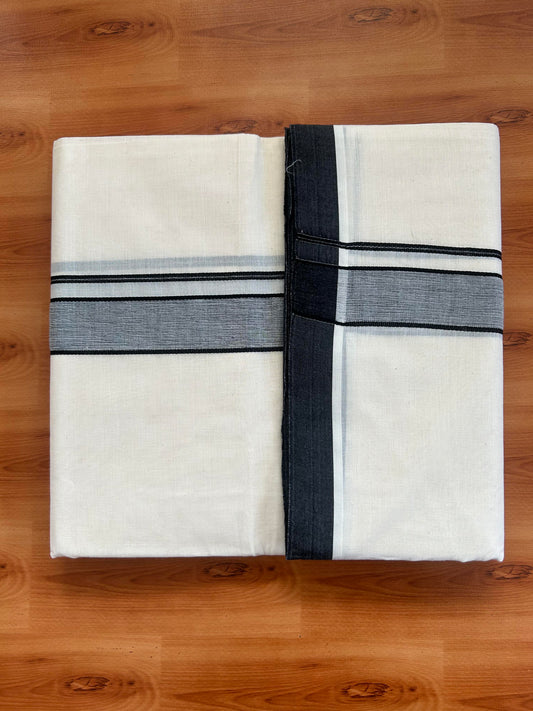 Double Off white (Unbleached) Mundu/Dhoti - 20% Discount KaithariKada Balaramapuram 100% Cotton - 100x100 - 1.25 inch Black Shaded Kara - 42 KK5392 ASH
