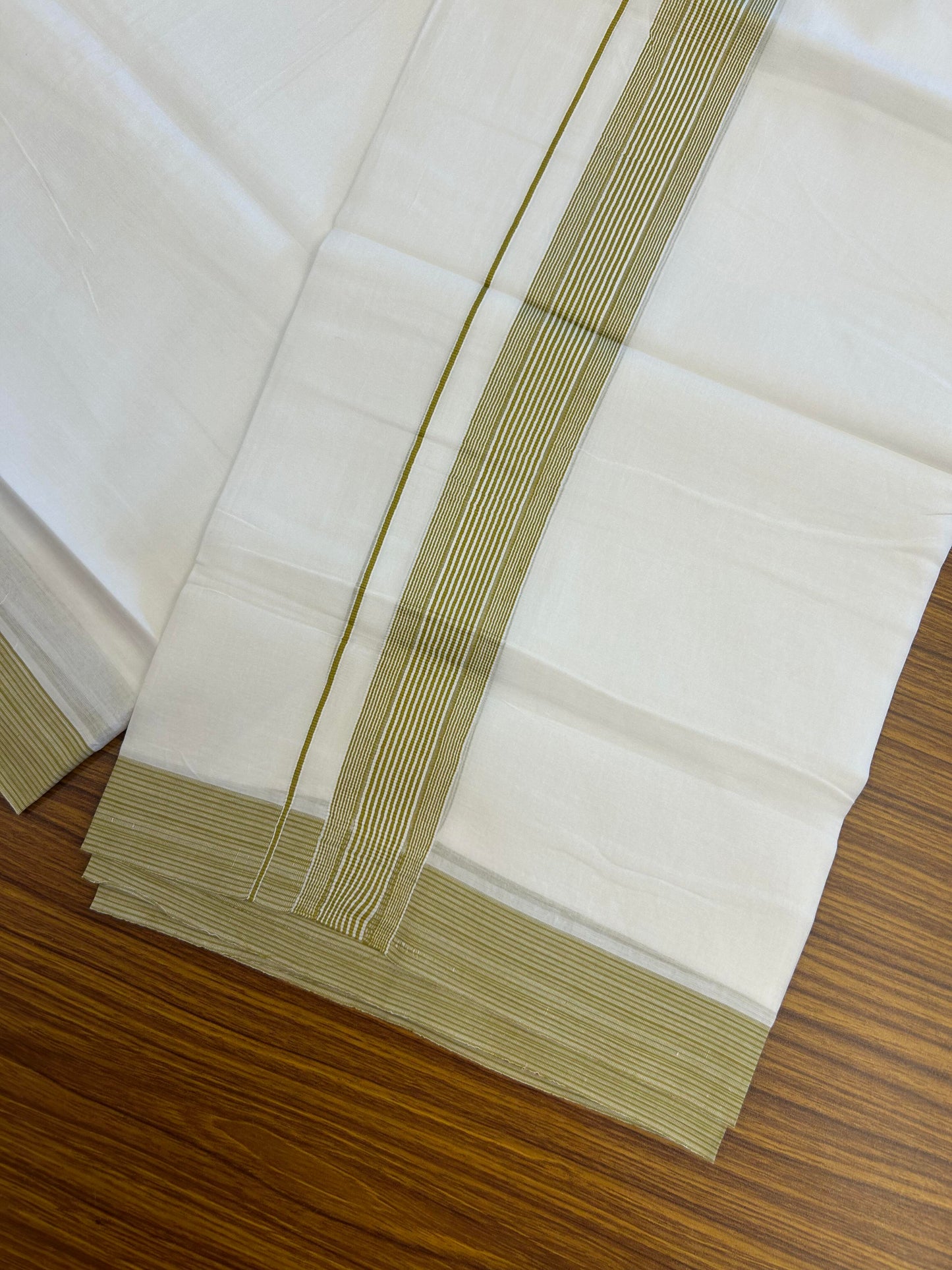 20% Discount ! Kaitharikada Balaramapuram 100% Cotton Pure White Double Mundu/Dothi - 100x100 - 1.5 inch Olive Green Striped Kara - 5 KK5362 GAN