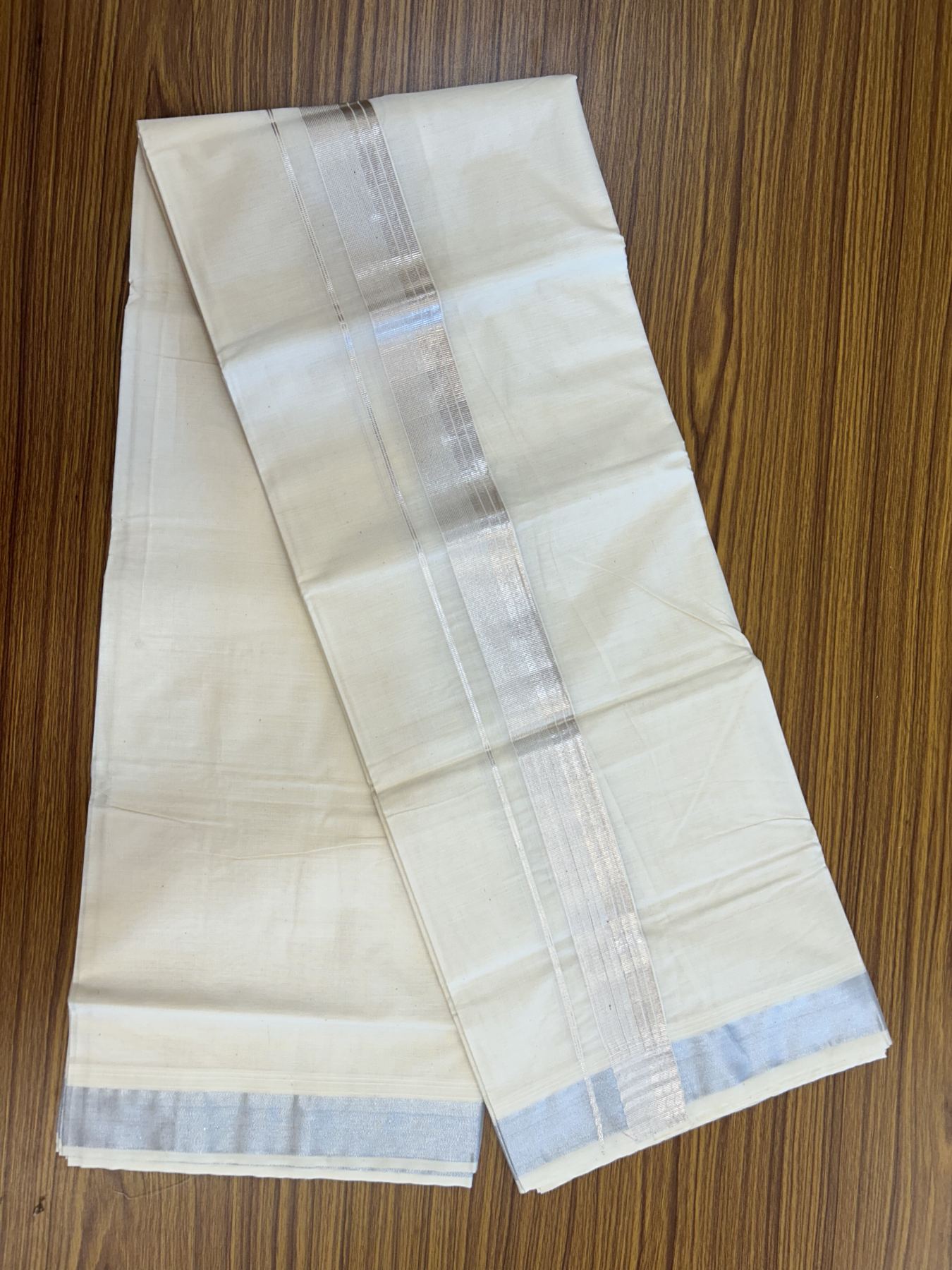 20% Discount ! KaithariKada Balaramapuram 100% Cotton Double Off White - (Unbleached) - Mundu / Dhoti- 100x80 -  1.5 inch Silver Kasav Stripes Kara 4 mtr (8.5 Muzham) - 49 KK5340 VIN