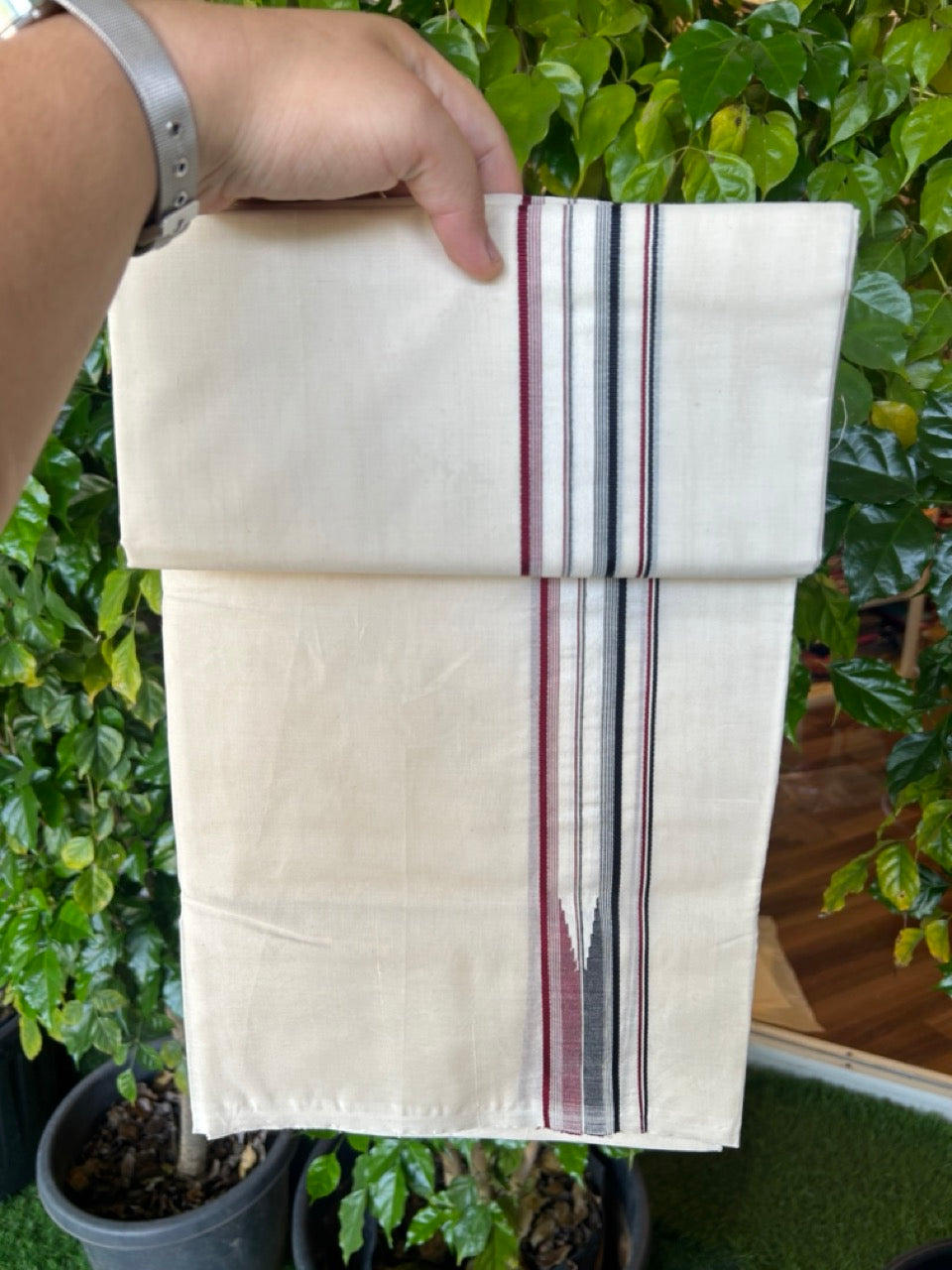 ADMK VESHTI 20% Discount !! KaithariKada Balaramapuram Double Off white - (Unbleached) Mundu/Dhoti - 100X100 - 1.25 inch Puliyilakkara Maroon & Black Striped Chutty Kara -3.90 mtr (8 muzham)- 8KK5226 ASH