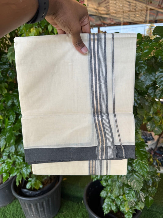 20% Discount ! KaithariKada Balaramapuram 100% Cotton Double OFF WHITE (unbleached) Mundu/Dhoti- 100x80- 1.5 inch Silver Kasavu Black Striped Kara 4 mtr (8.5 muzham) - 39 KK5251 PMC