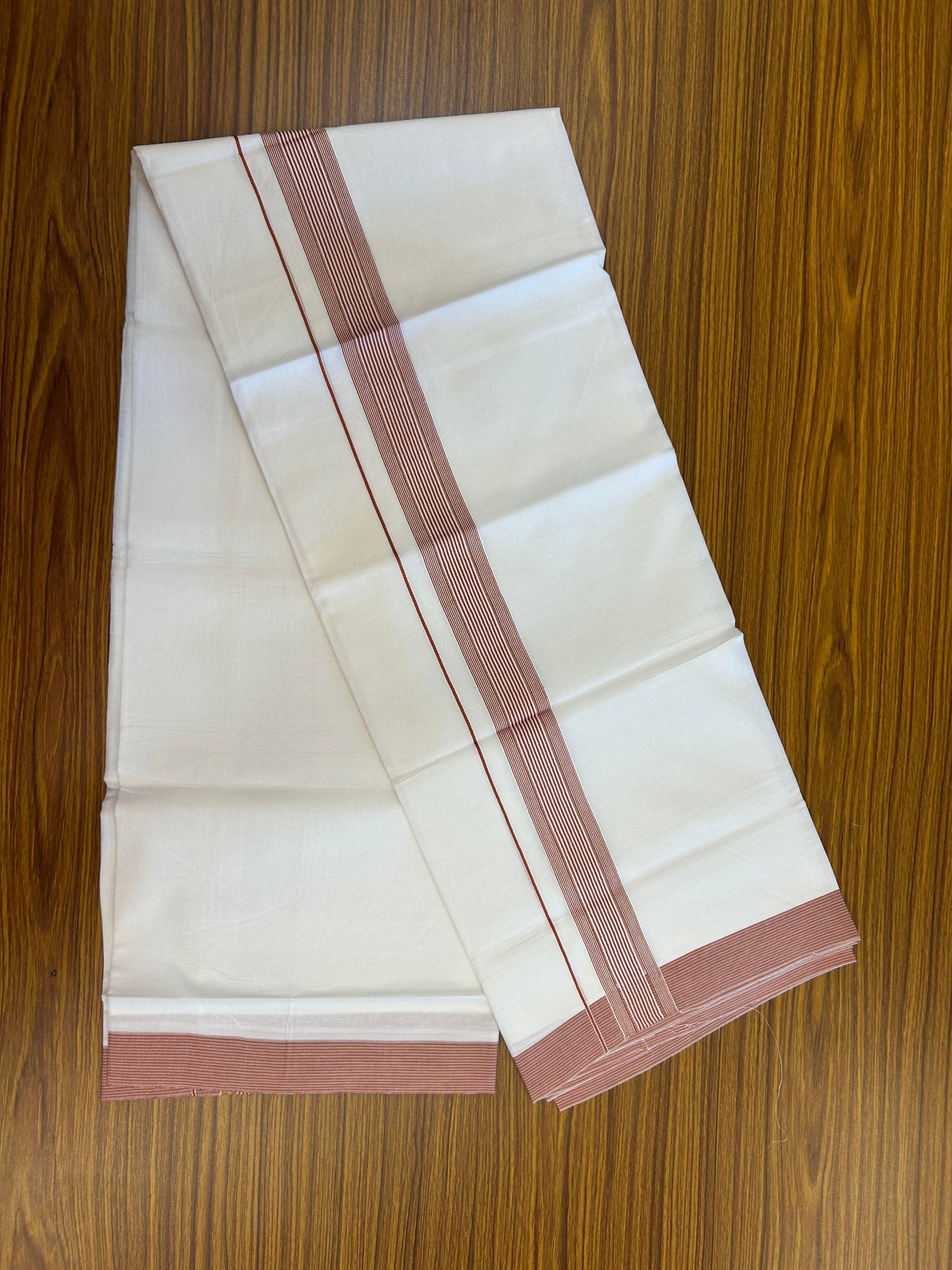 20% Discount ! Kaitharikada Balaramapuram 100% Cotton Pure White Double Mundu/Dothi - 100x100 - 1.5 inch Rust Orange Striped Kara -4 KK5362 GAN