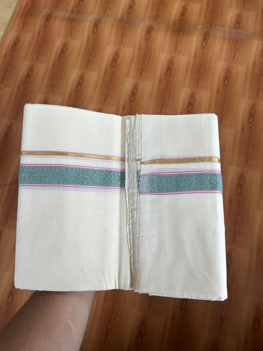 25% Discount ! KaithariKada Handloom Unakkupaav Kerala Handloom - 100% Pure Cotton Off White (Unbleached) Double Mundu/Dhoti - 100x80 - 1 inch Gold Kasav & Multi colour Stripes Kara 3.80 mtr (8 Muzham) - 64 KK5380 SOM