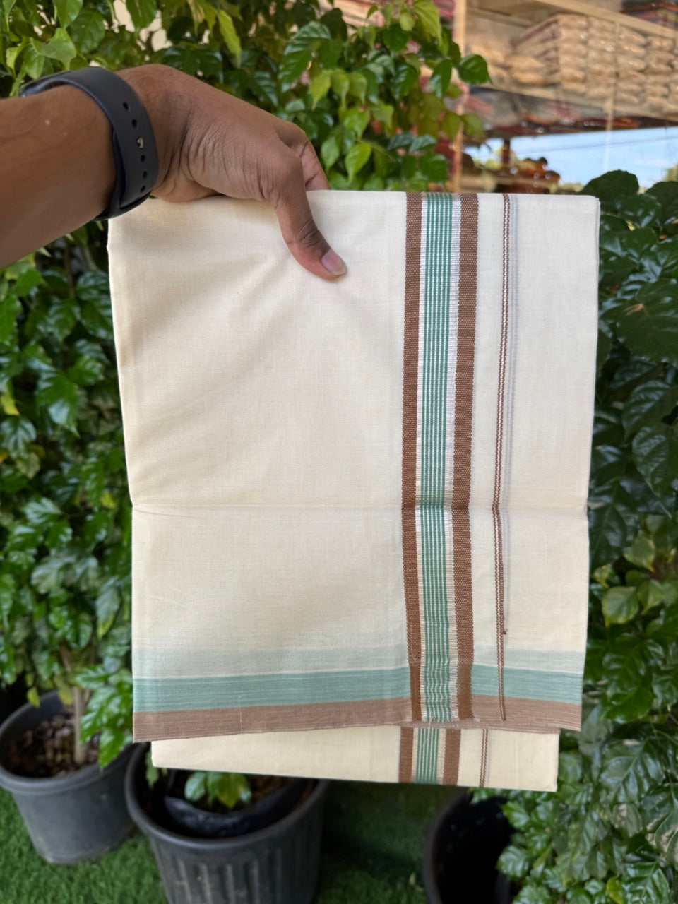 20% Discount ! KaithariKada Balaramapuram 100% Cotton Double OFF WHITE (unbleached) Mundu/Dhoti- 100x80- 1.5 inch Silver Kasavu Brown & Teal Green Striped Kara 4 mtr (8.5 muzham) - 38 KK5251 PMC