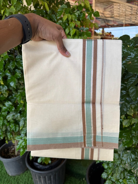 20% Discount ! KaithariKada Balaramapuram 100% Cotton Double OFF WHITE (unbleached) Mundu/Dhoti- 100x80- 1.5 inch Silver Kasavu Brown & Teal Green Striped Kara 4 mtr (8.5 muzham) - 38 KK5251 PMC