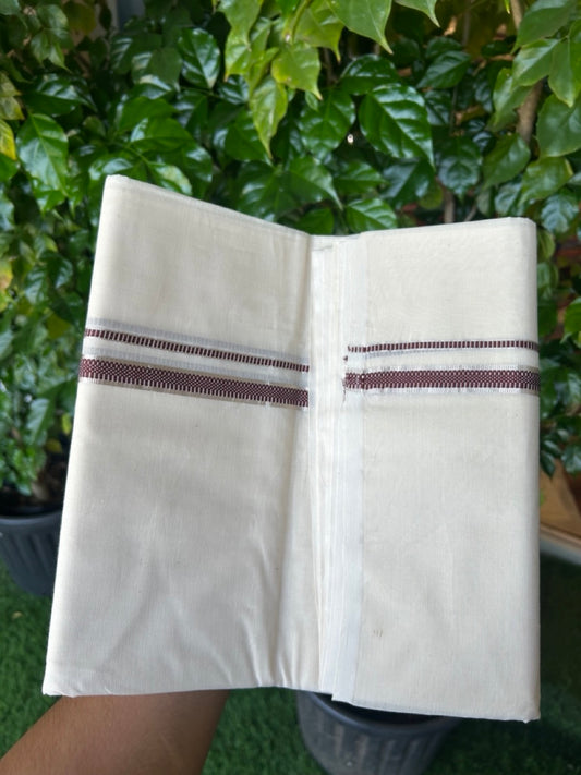 20% Discount KaithariKada Balaramapuram 100% Cotton Double Off white - (Unbleached) - Mundu/Dhoti - 100x100 - 1.5 cm Silver Kasav & Brown Design Kara - 12KK5226 ASH