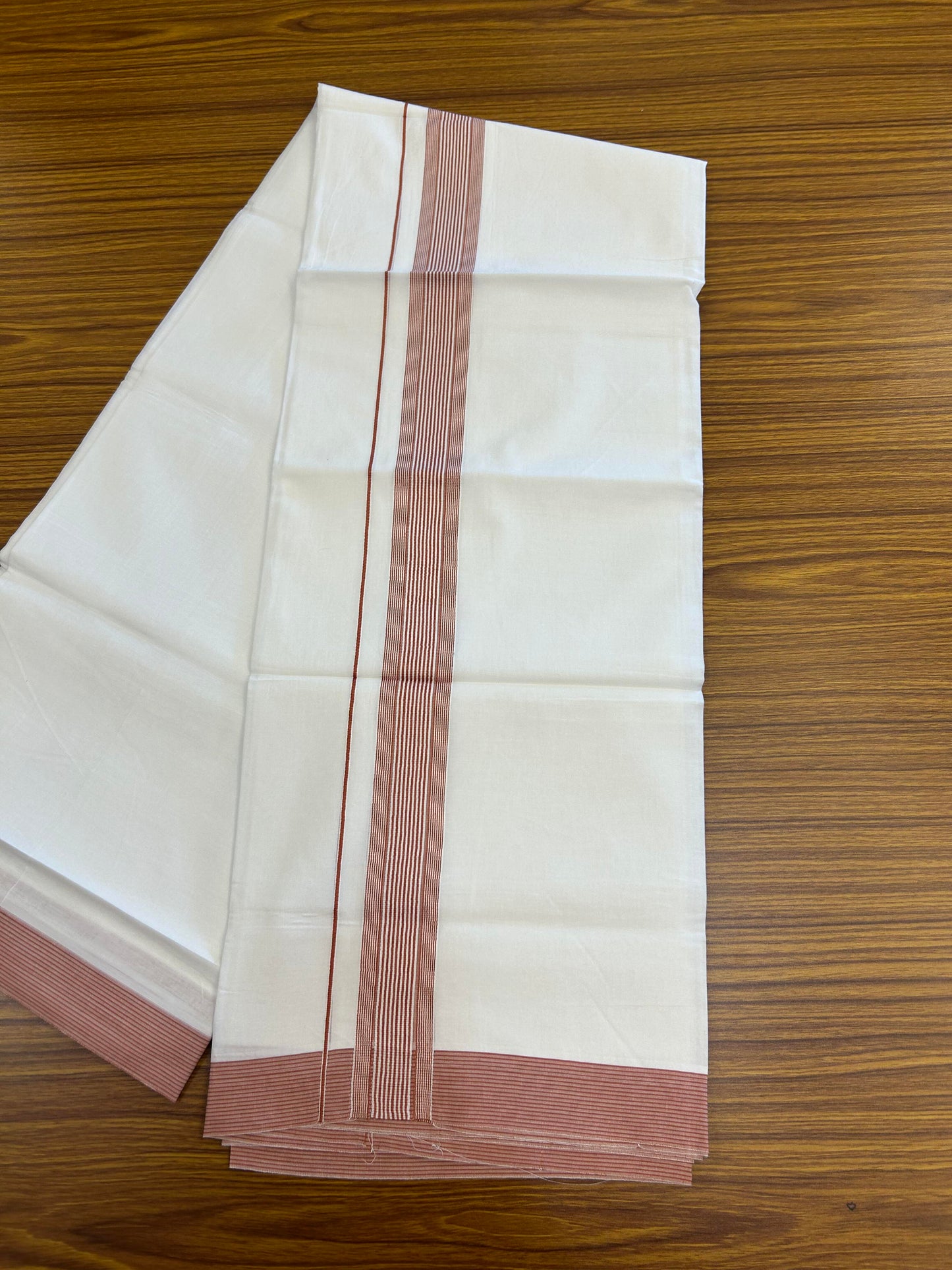 20% Discount ! Kaitharikada Balaramapuram 100% Cotton Pure White Double Mundu/Dothi - 100x100 - 1.5 inch Rust Orange Striped Kara -4 KK5362 GAN