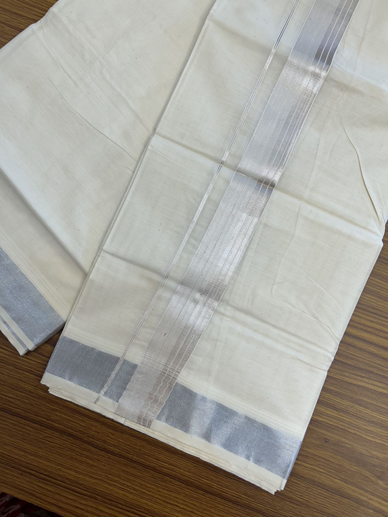 20% Discount ! KaithariKada Balaramapuram 100% Cotton Double Off White - (Unbleached) - Mundu / Dhoti- 100x80 -  1.5 inch Silver Kasav Stripes Kara 4 mtr (8.5 Muzham) - 49 KK5340 VIN