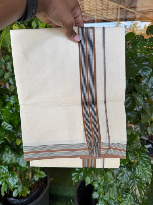 20% Discount ! KaithariKada Balaramapuram 100% Cotton Double OFF WHITE (unbleached) Mundu/Dhoti- 100x80- 1.5 inch Silver Kasavu Brown & Black Striped Kara 4 mtr (8.5 muzham) - 37 KK5251 PMC