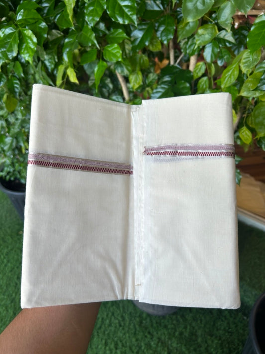 20% Discount KaithariKada Balaramapuram 100% Cotton Double Off white - (Unbleached) - Mundu/Dhoti - 100x100 - 0.5 inch Silver Kasav & Maroon Design Kara - 14KK5226 ASH