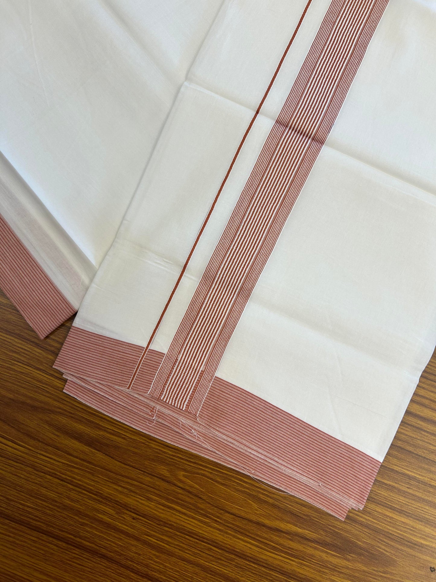 20% Discount ! Kaitharikada Balaramapuram 100% Cotton Pure White Double Mundu/Dothi - 100x100 - 1.5 inch Rust Orange Striped Kara -4 KK5362 GAN