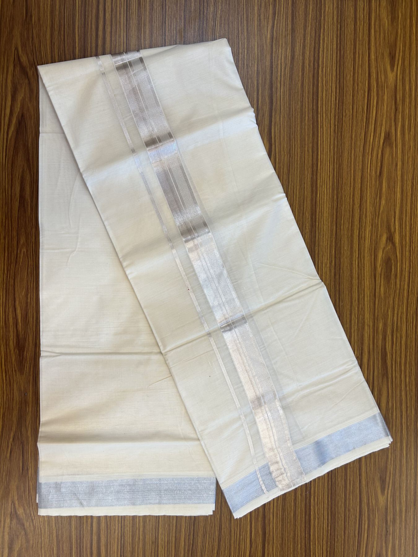 20% Discount ! KaithariKada Balaramapuram 100% Cotton Double Off White - (Unbleached) - Mundu / Dhoti- 100x80 -  1.5 inch Silver Kasav Stripes Kara 4 mtr (8.5 Muzham) - 51 KK5340 VIN