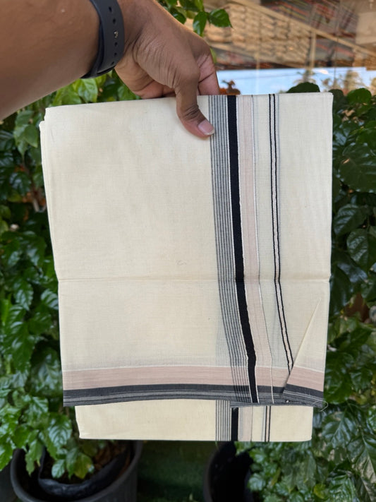 20% Discount ! KaithariKada Balaramapuram 100% Cotton Double OFF WHITE (unbleached) Mundu/Dhoti- 100x80- 1.75 inch Silver Kasavu Cream & Black Striped Kara 4 mtr (8.5 muzham) - 44 KK5251 PMC