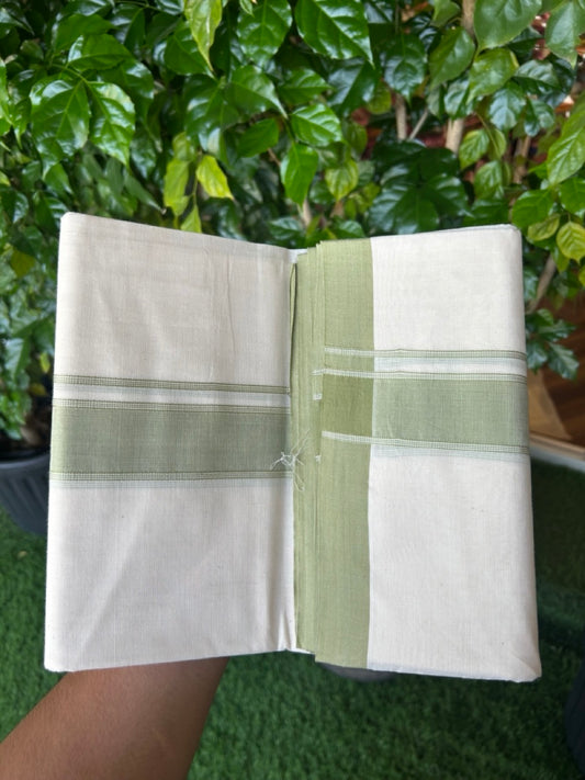 NEW !! 20% DISCOUNT!! KaithariKada Balaramapuram 100% Cotton Double Off white - (Unbleached) Mundu/Dhoti-100x80 - 1.5 inch Sage Green Striped KARA - 3.75 mtr (8 Muzham) - 15KK5226 ASH