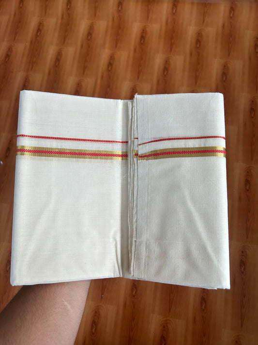 25% Discount ! KaithariKada Handloom Millpaav - Kerala Handloom - 100% Pure Cotton Off White (Unbleached) Double Mundu/Dhoti - 100x80 - 0.5 inch Gold Kasav & Red Muthukuri Kara 3.80 mtr (8 Muzham) - 18 KK5380 SOM