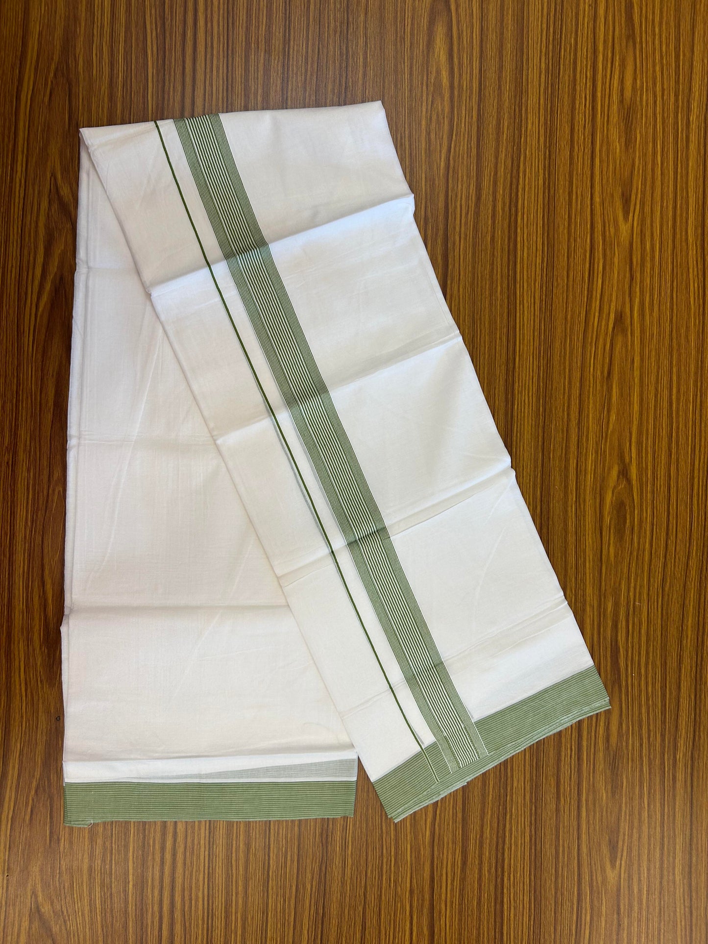 20% Discount ! Kaitharikada Balaramapuram 100% Cotton Pure White Double Mundu/Dothi -100x100 - 1.5 inch Green Striped Kara 4 M (8.5 Muzham) - 2 KK5362 GAN