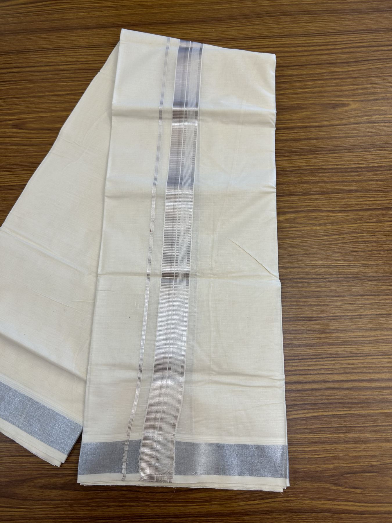 20% Discount ! KaithariKada Balaramapuram 100% Cotton Double Off White - (Unbleached) - Mundu / Dhoti- 100x80 -  1.5 inch Silver Kasav Stripes Kara 4 mtr (8.5 Muzham) - 51 KK5340 VIN