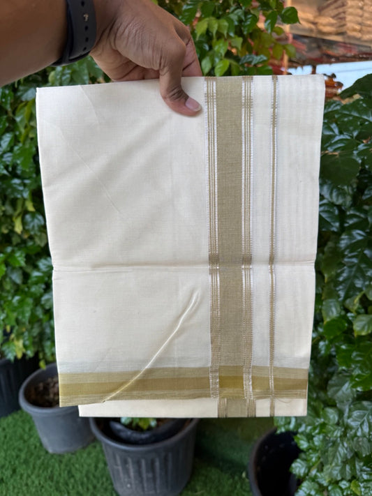 20% Discount ! KaithariKada Balaramapuram 100% Cotton Double OFF WHITE (unbleached) Mundu/Dhoti- 100x80- 1.5 inch Silver Kasavu Striped & Mustard Yellow Shaded Kara 4 mtr (8.5 muzham) - 43 KK5251 PMC