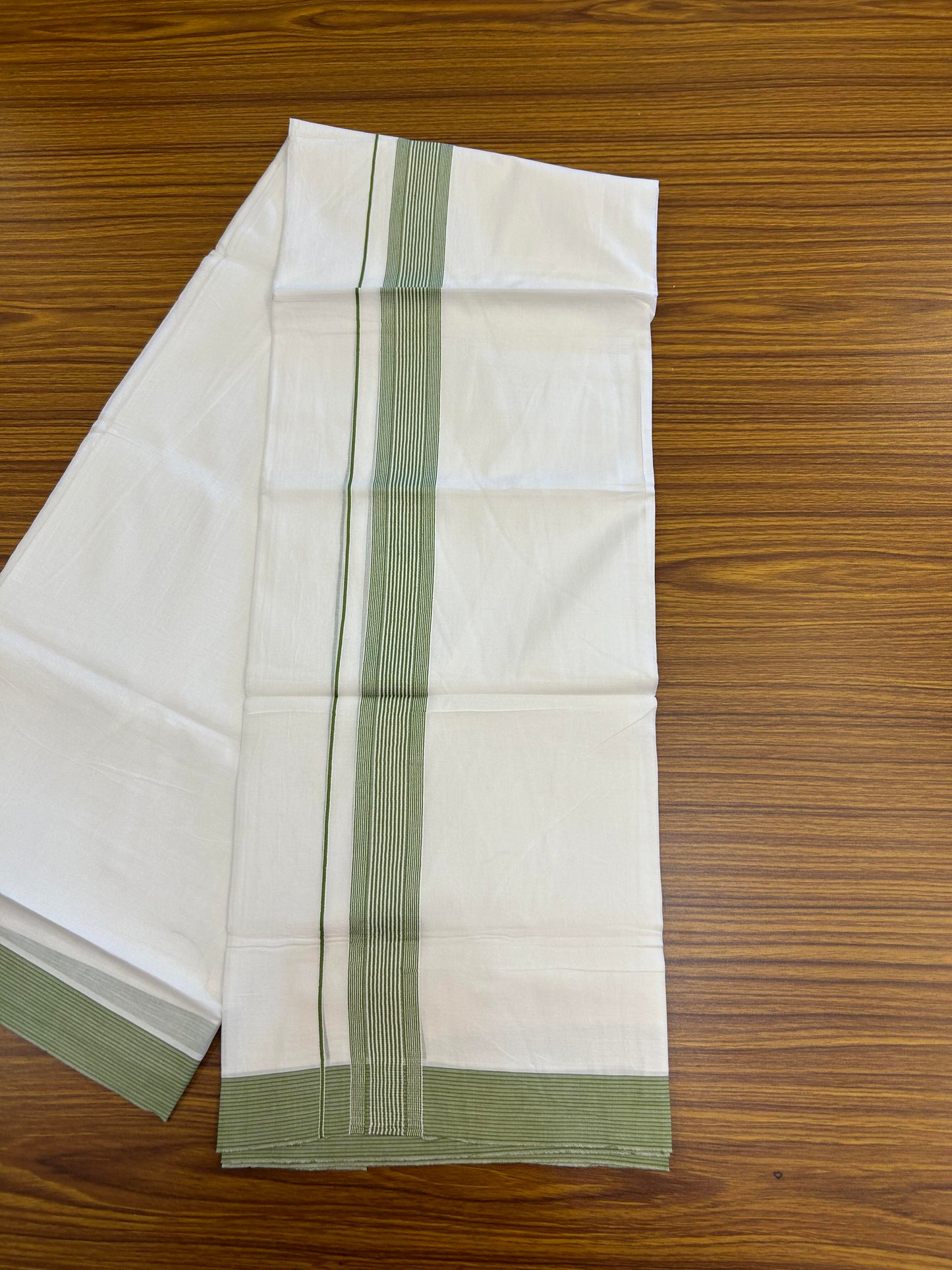 20% Discount ! Kaitharikada Balaramapuram 100% Cotton Pure White Double Mundu/Dothi -100x100 - 1.5 inch Green Striped Kara 4 M (8.5 Muzham) - 2 KK5362 GAN