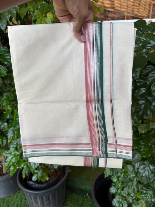 20% Discount ! KaithariKada Balaramapuram 100% Cotton Double OFF WHITE (unbleached) Mundu/Dhoti- 100x80- 1.5 inch Silver Kasavu Green & Dusty Pink Striped Kara 4 mtr (8.5 muzham) - 54 KK5251 PMC