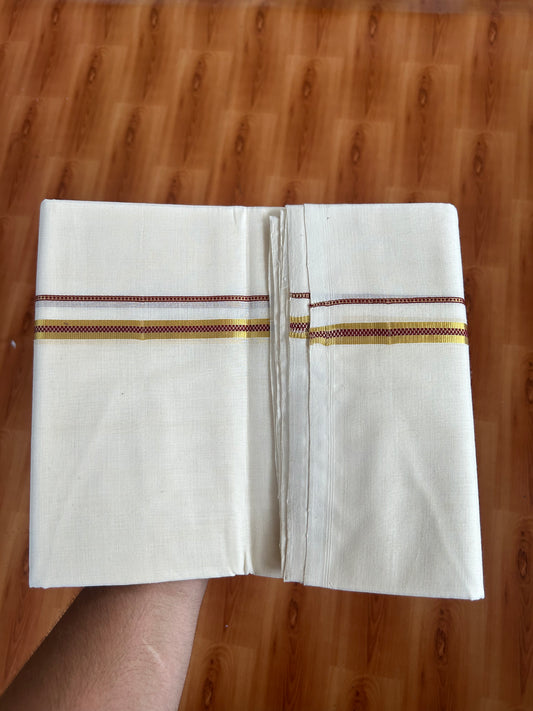25% Discount ! KaithariKada Handloom Millpaav - Kerala Handloom - 100% Pure Cotton Off White (Unbleached) Double Mundu/Dhoti - 100x80 - 0.5 inch Gold Kasav & Maroon Muthukuri Kara 3.80 mtr (8 Muzham) - 17 KK5380 SOM