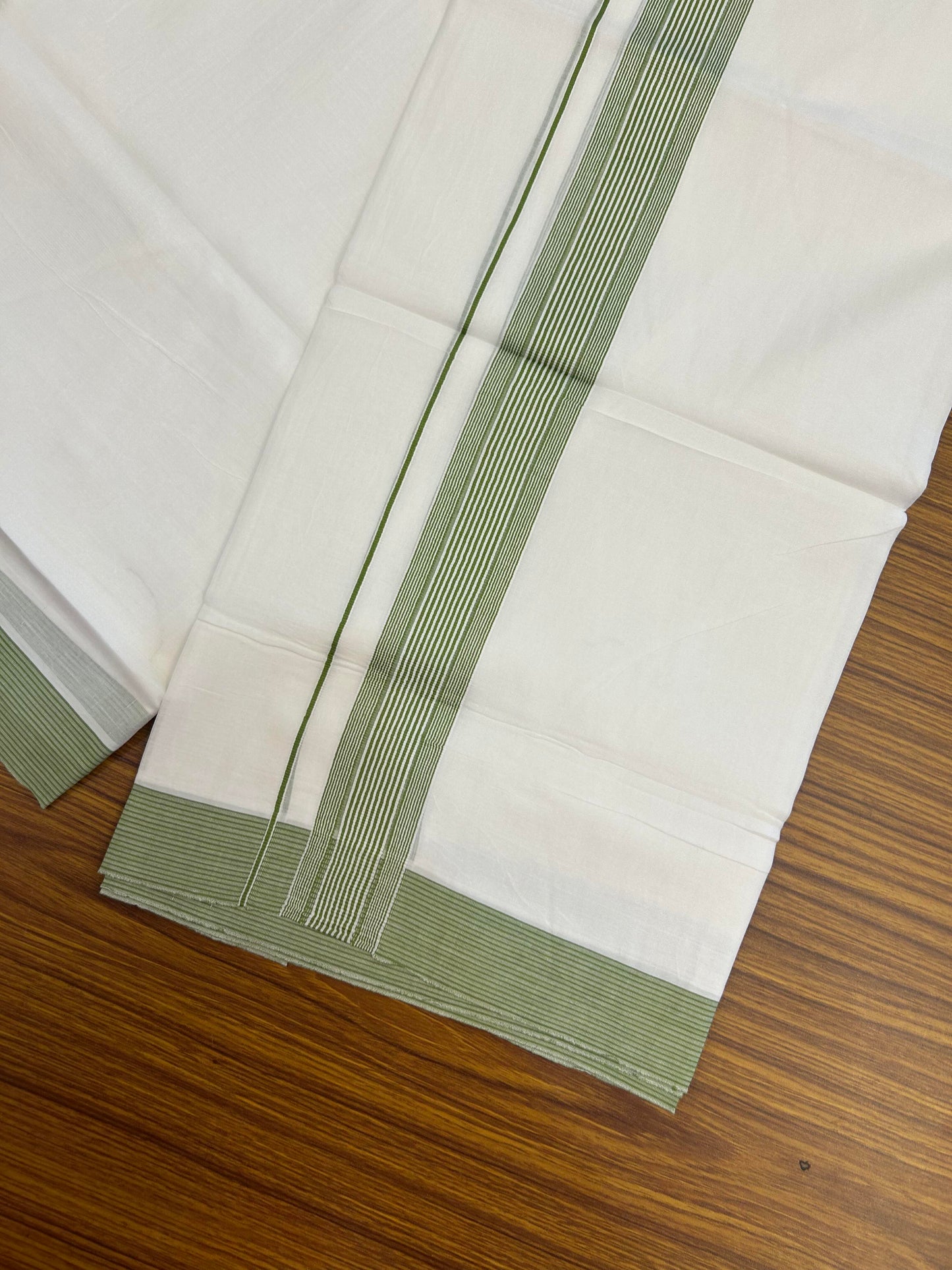 20% Discount ! Kaitharikada Balaramapuram 100% Cotton Pure White Double Mundu/Dothi -100x100 - 1.5 inch Green Striped Kara 4 M (8.5 Muzham) - 2 KK5362 GAN