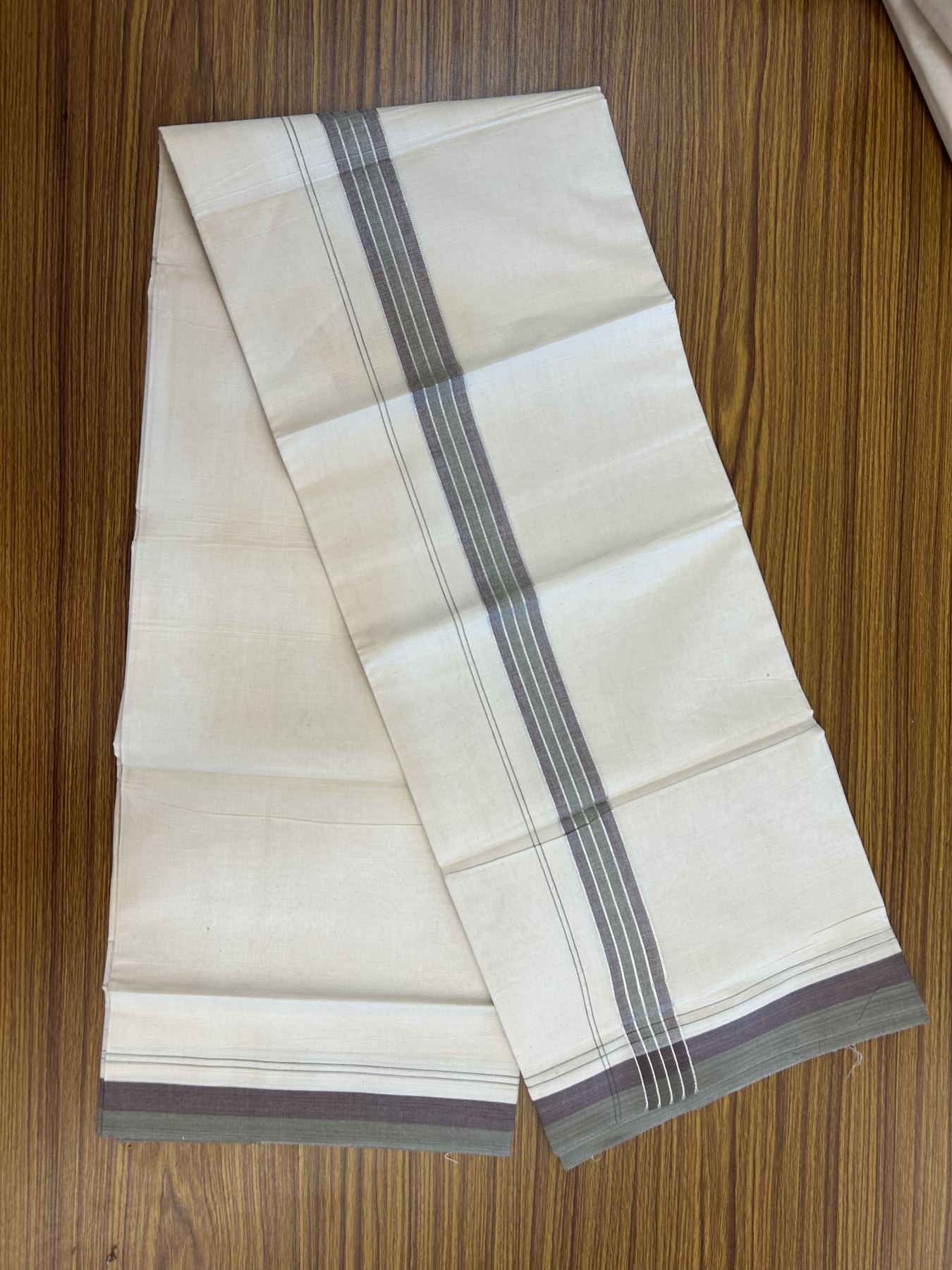 20% Discount ! KaithariKada Balaramapuram 100% Cotton Double Off White - (Unbleached) - Mundu / Dhoti- 100x80 -  1.5 inch Silver Kasav Light Olive Green & Wine Purple shaded Stripes Kara 4 mtr (8.5 Muzham) - 47 KK5340 VIN