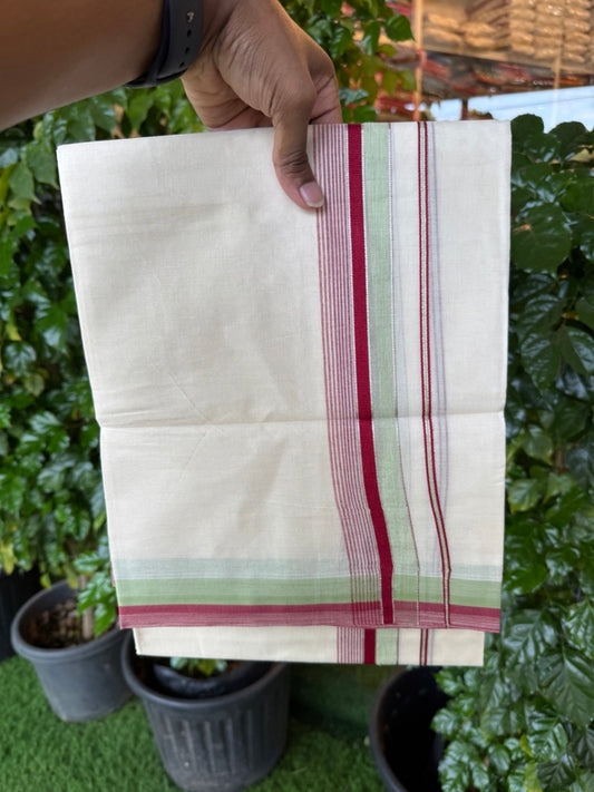 20% Discount ! KaithariKada Balaramapuram 100% Cotton Double OFF WHITE (unbleached) Mundu/Dhoti- 100x80- 1.75 inch Silver Kasavu Light Green & Maroon Striped Shaded Kara 4 mtr (8.5 muzham) - 42 KK5251 PMC