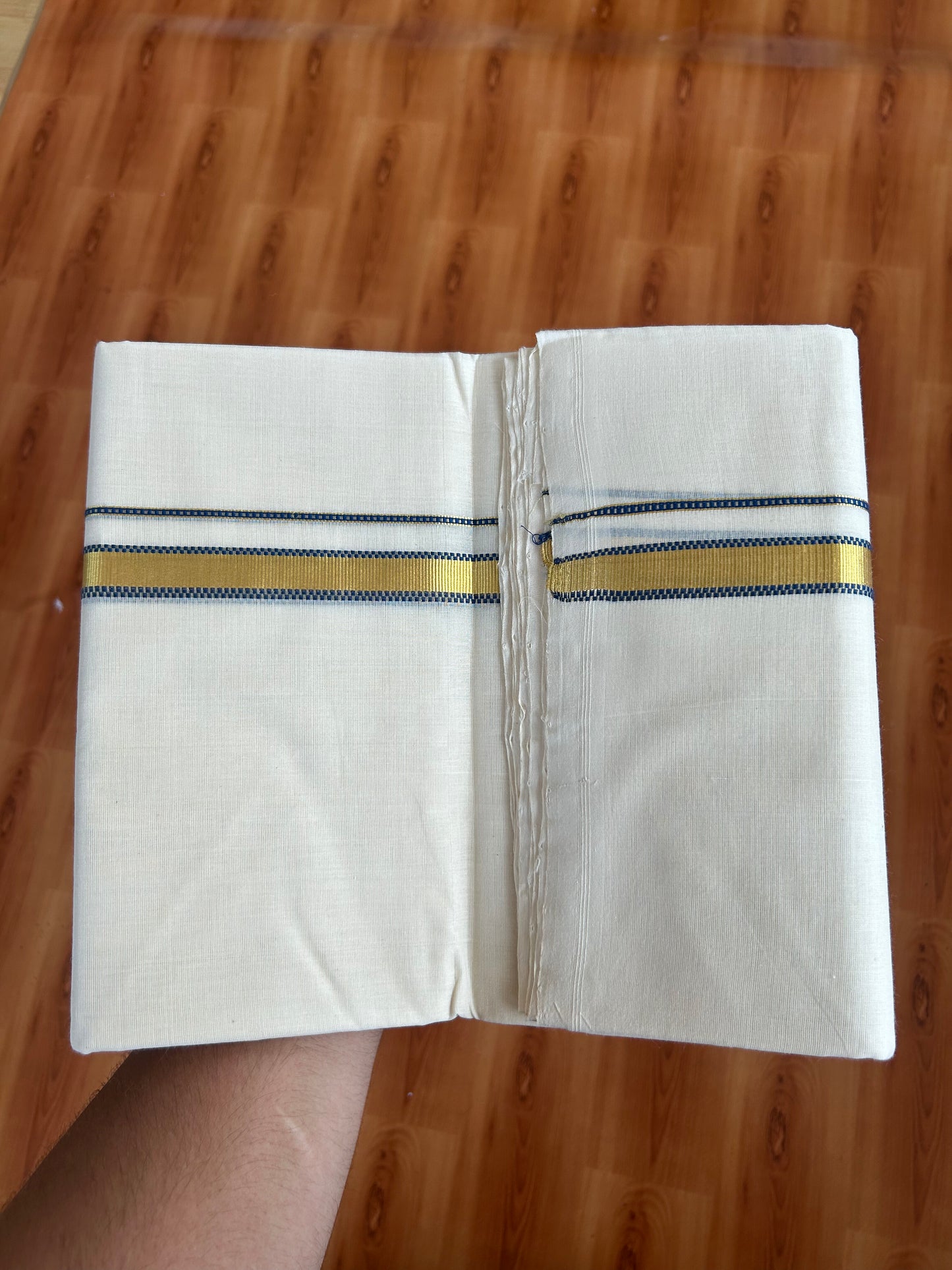 25% Discount ! KaithariKada Handloom Millpaav - Kerala Handloom - 100% Pure Cotton Off White Unbleached) Double Mundu/Dhoti - 100x80 - 0.5 Inch Gold Kasav & Blue Muthukuri Kara 3.80 mtr (8 Muzham) - 83 KK5380 SOM