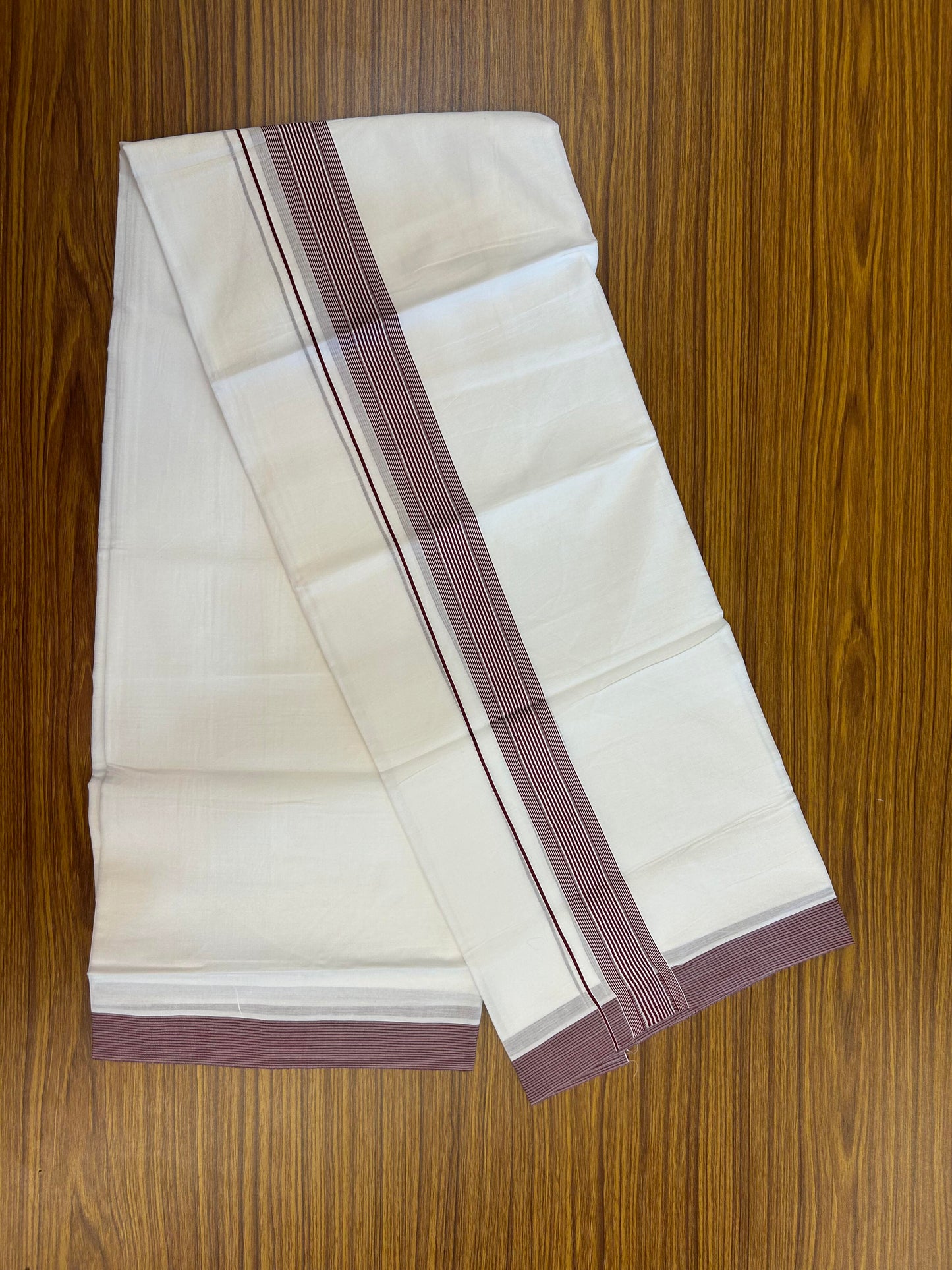 20% Discount ! Kaitharikada Balaramapuram 100% Cotton Pure White Double Mundu/Dothi - 100x100 - 1.5 inch Wine Maroon Striped Kara 4 M (8.5 Muzham) - 1 KK5362 GAN