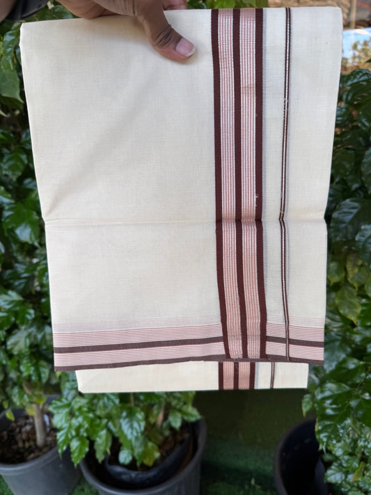 20% Discount ! KaithariKada Balaramapuram 100% Cotton Double OFF WHITE (unbleached) Mundu/Dhoti- 100x80- 1.5 inch Silver Kasavu Brown & Dusty Pink Striped Kara 4 mtr (8.5 muzham) - 47 KK5251 PMC