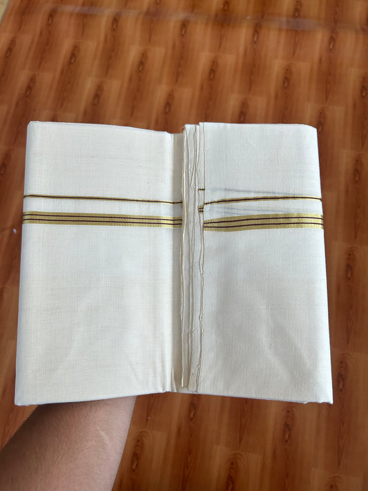 25% Discount ! KaithariKada Handloom Millpaav - Kerala Handloom - 100% Pure Cotton Off White Unbleached) Double Mundu/Dhoti - 100x80 - 0.5 Inch Gold Kasav & Chocolate Brown Striped Kara 3.80 mtr (8 Muzham) - 78 KK5380 SOM