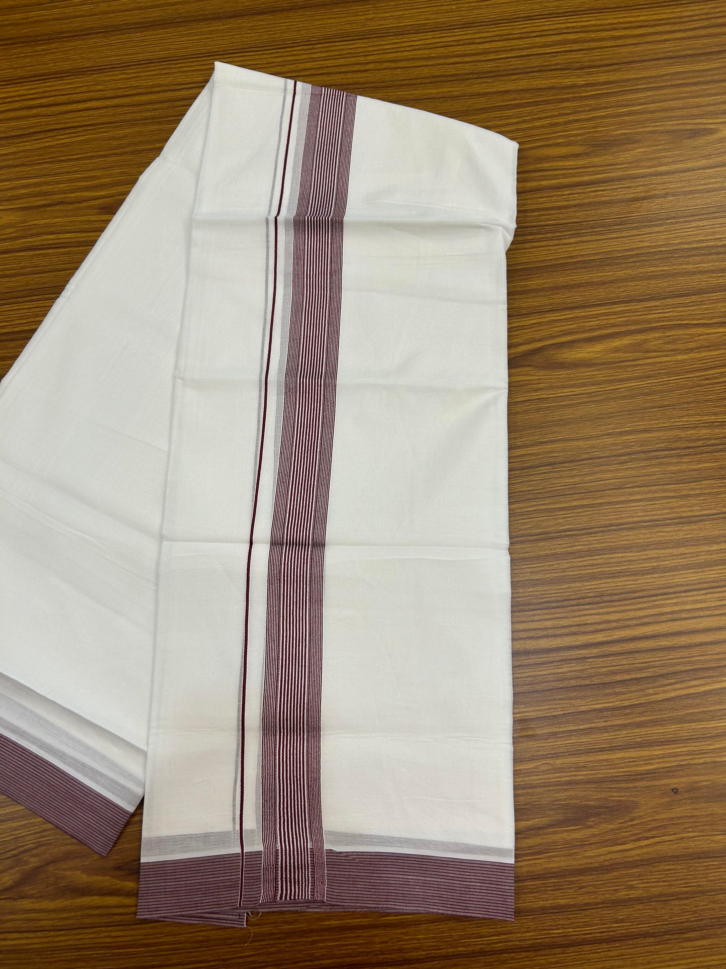 20% Discount ! Kaitharikada Balaramapuram 100% Cotton Pure White Double Mundu/Dothi - 100x100 - 1.5 inch Wine Maroon Striped Kara 4 M (8.5 Muzham) - 1 KK5362 GAN