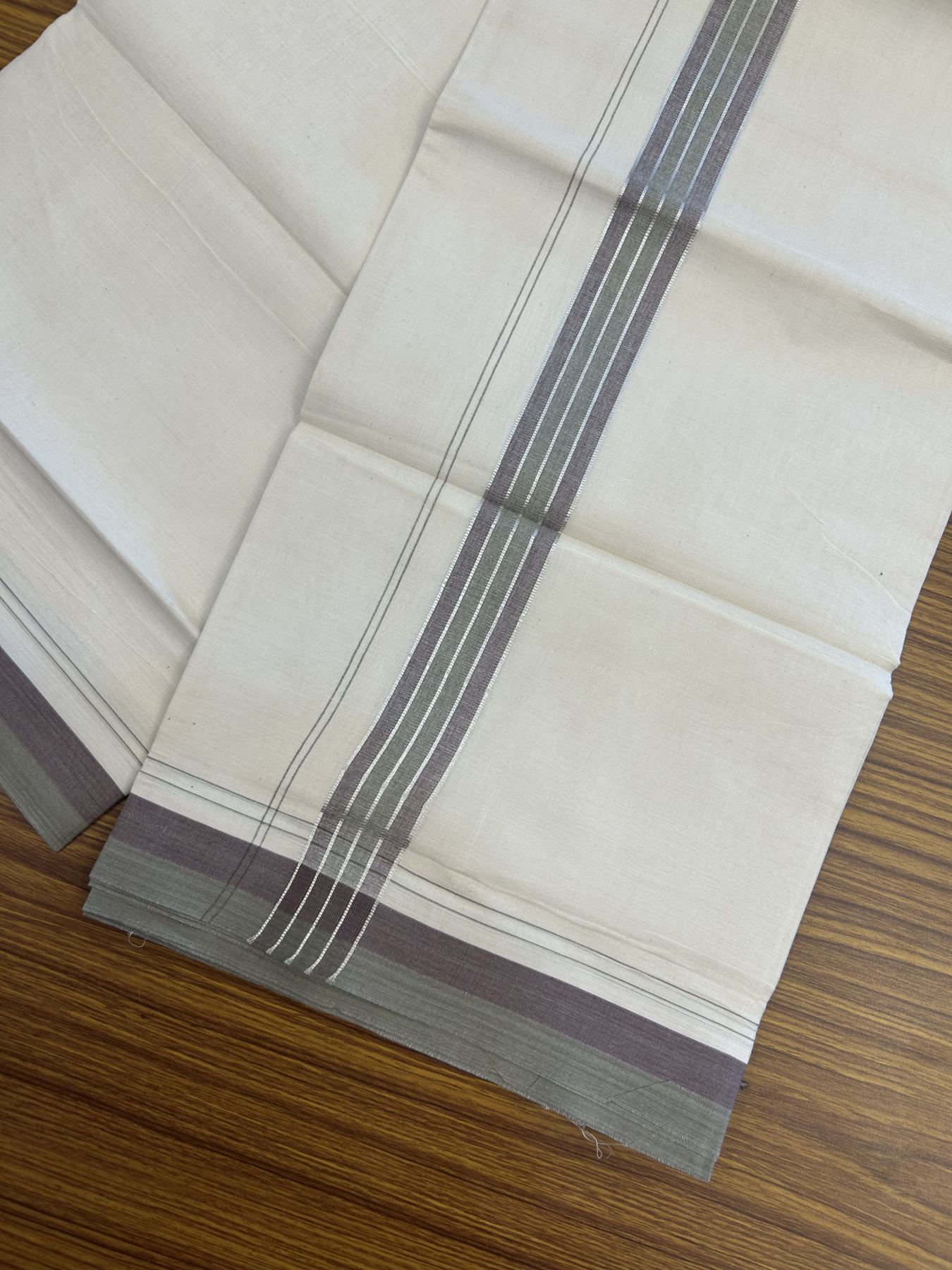 20% Discount ! KaithariKada Balaramapuram 100% Cotton Double Off White - (Unbleached) - Mundu / Dhoti- 100x80 -  1.5 inch Silver Kasav Light Olive Green & Wine Purple shaded Stripes Kara 4 mtr (8.5 Muzham) - 47 KK5340 VIN
