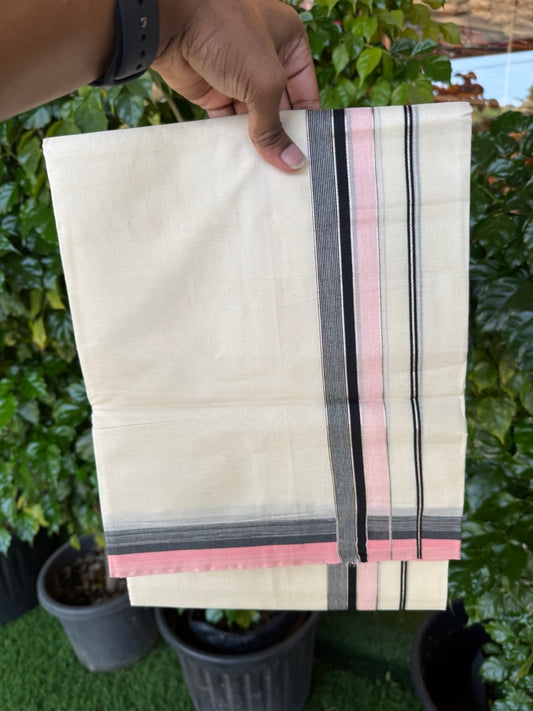 20% Discount ! KaithariKada Balaramapuram 100% Cotton Double OFF WHITE (unbleached) Mundu/Dhoti- 100x80- 1.5 inch Silver Kasavu Pink & Black Striped Kara 4 mtr (8.5 muzham) - 46 KK5251 PMC