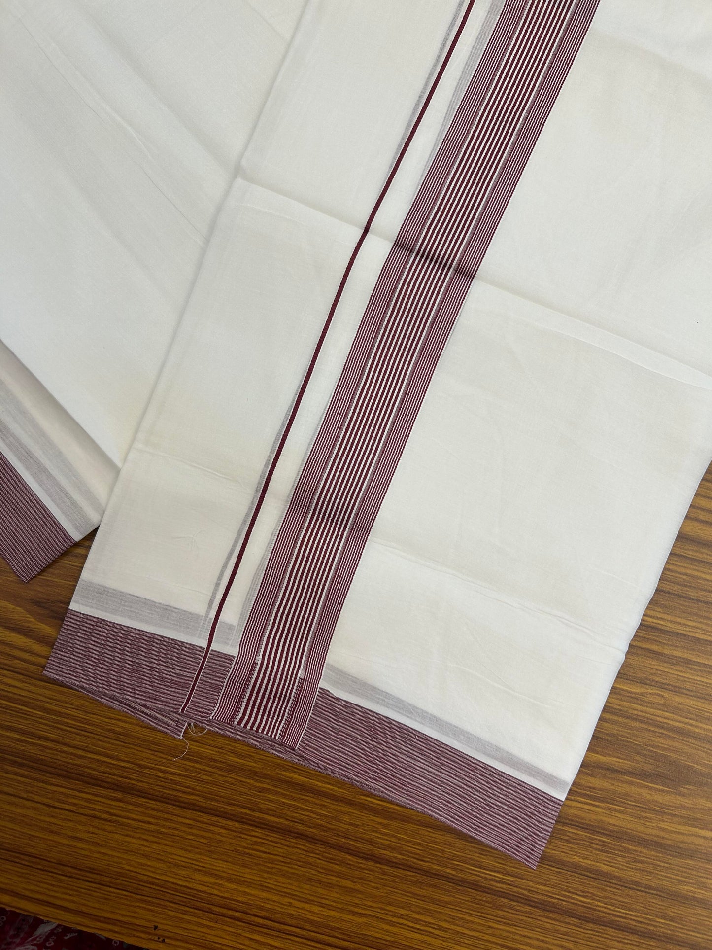 20% Discount ! Kaitharikada Balaramapuram 100% Cotton Pure White Double Mundu/Dothi - 100x100 - 1.5 inch Wine Maroon Striped Kara 4 M (8.5 Muzham) - 1 KK5362 GAN