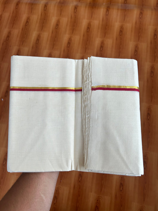 25% Discount ! KaithariKada Handloom Millpaav - Kerala Handloom - 100% Pure Cotton Off White Unbleached) Double Mundu/Dhoti - 100x80 - 1 cm Gold Kasav & Red Kara 3.80 mtr (8 Muzham) - 70 KK5380 SOM
